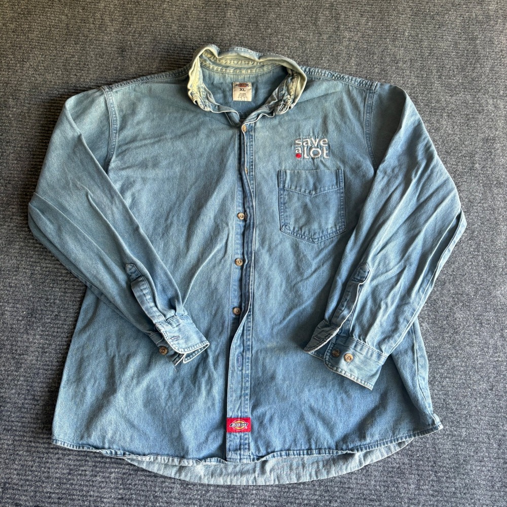 Dickies Mens XL Save A Lot Embroidered Denim Button Down Work Shirt Light Wash